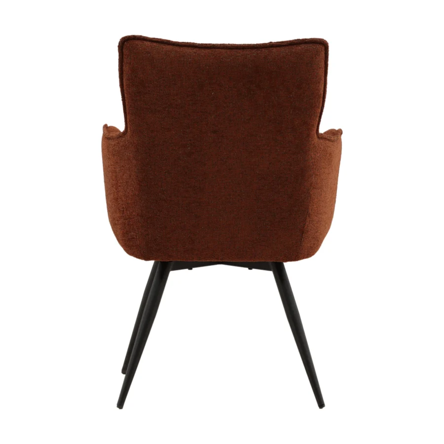 Dining armchair by Dovetail Adelise in terracotta brown chenille upholstery with black steel legs and swivel mechanism