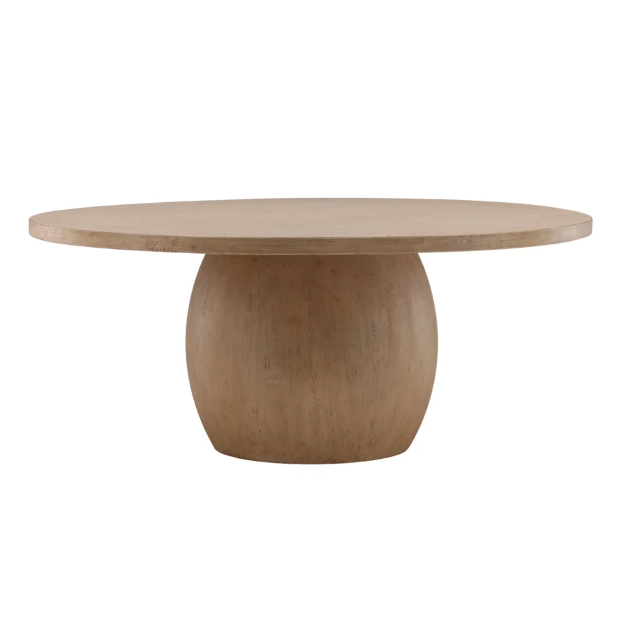 Dining table by Dovetail Belize in reclaimed pine wood with light warm wash finish and medium brown tone on bulbous…
