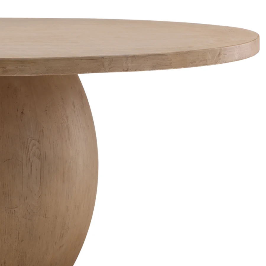 Dining table by Dovetail Belize in reclaimed pine wood with light warm wash finish and bulbous pedestal base in beige