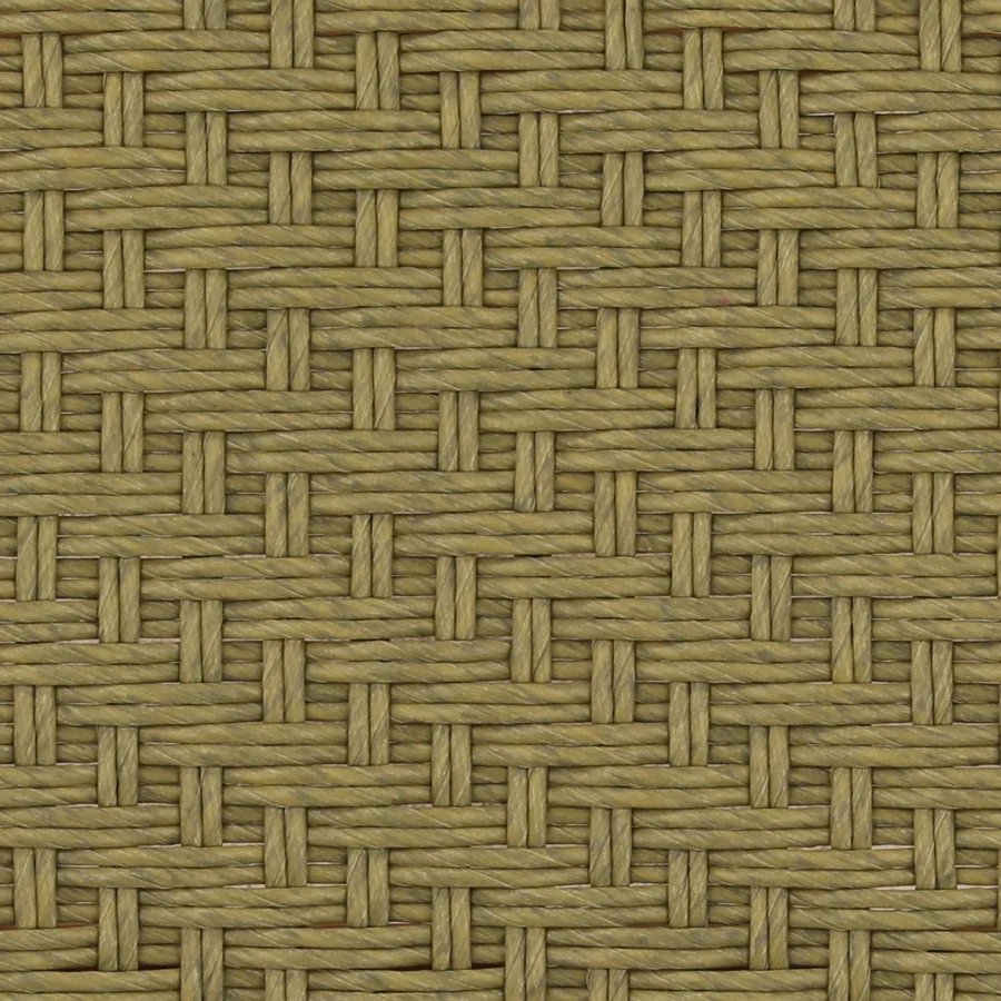 Ottoman by Dovetail in natural teak wood with green synthetic rope seat and a matte textured olive basket weave pattern