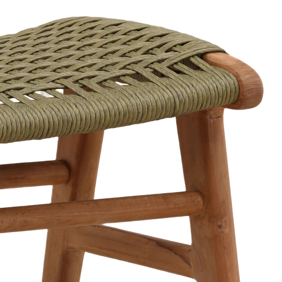 Ottoman by Dovetail in natural teak wood with matte finish and sage green braided synthetic rope seat on tapered legs
