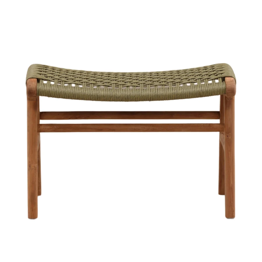 Ottoman by Dovetail in natural teak wood and olive green synthetic rope featuring a matte finish and saddle profile