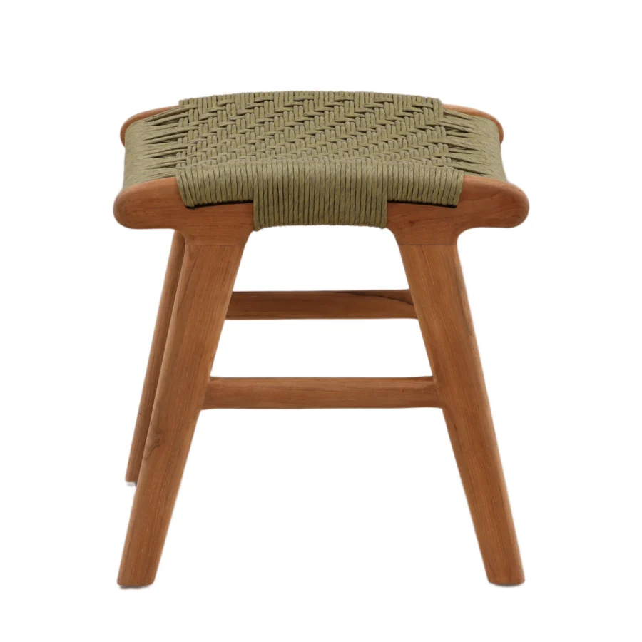 Ottoman by Dovetail in natural teak wood with a green synthetic rope seat plus outward angled legs on a woven…