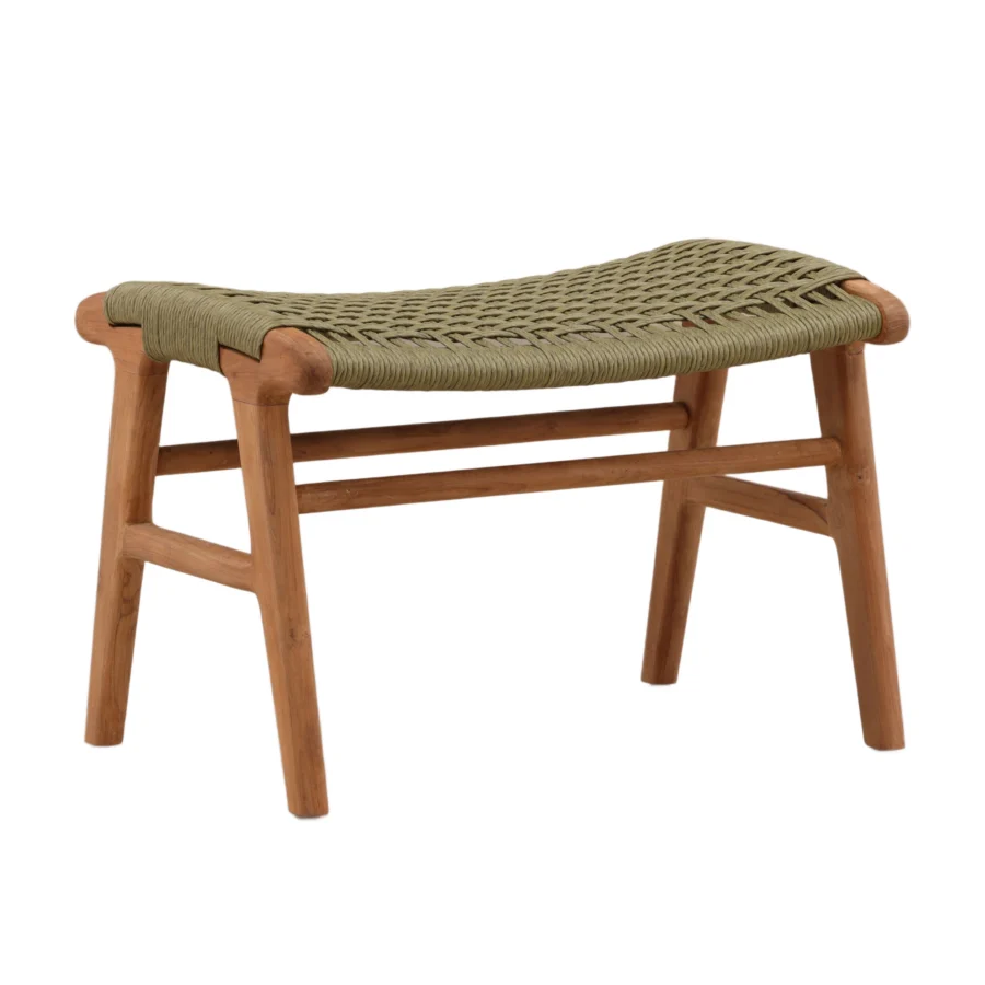 Ottoman by Dovetail Vertis in natural teak wood with satin finish and olive green synthetic rope seat