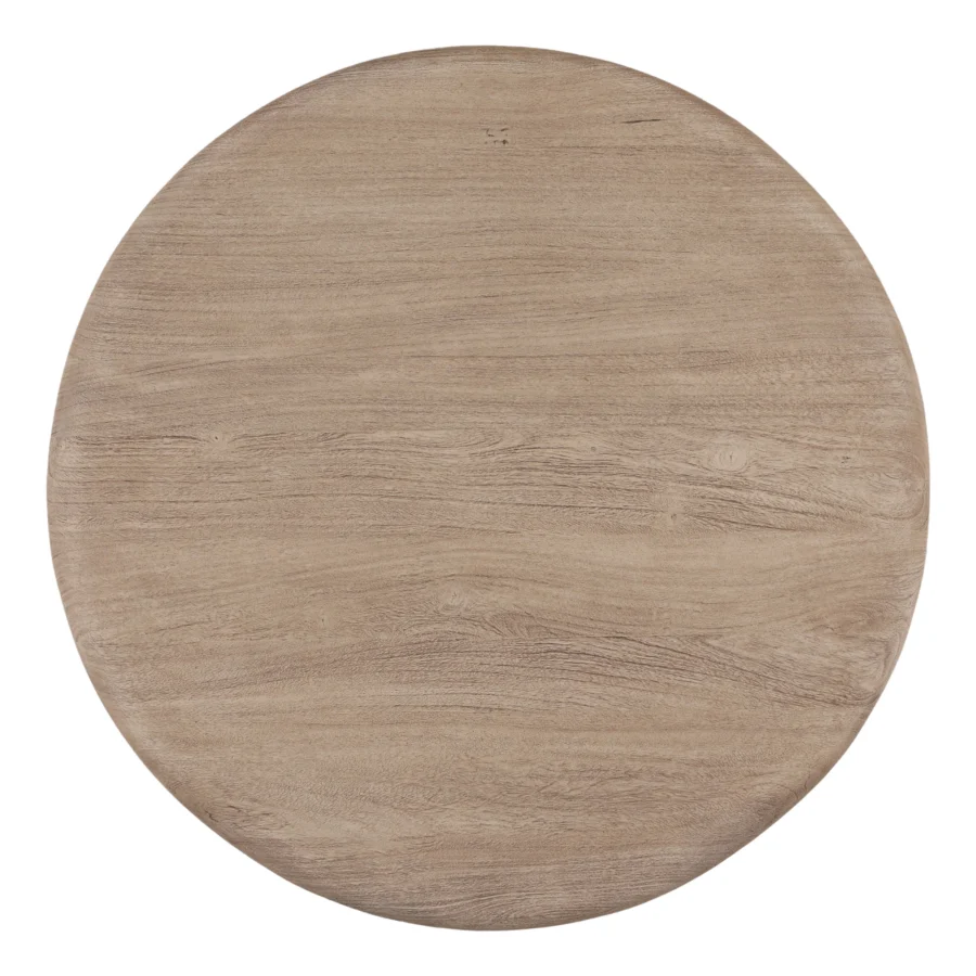 Bistro table by Dovetail Marci in weathered natural acacia wood with a light taupe surface and matte finish showcasing knots