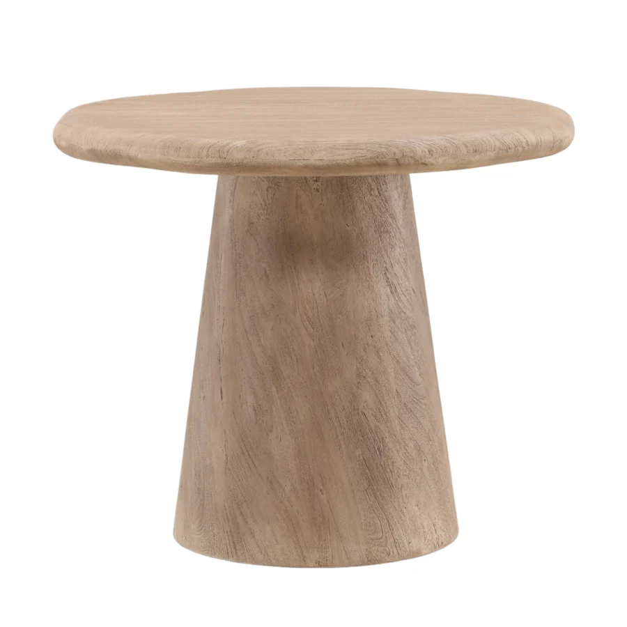 Bistro table by Dovetail Marci in weathered natural acacia wood with a flared pedestal base plus matte textured surface