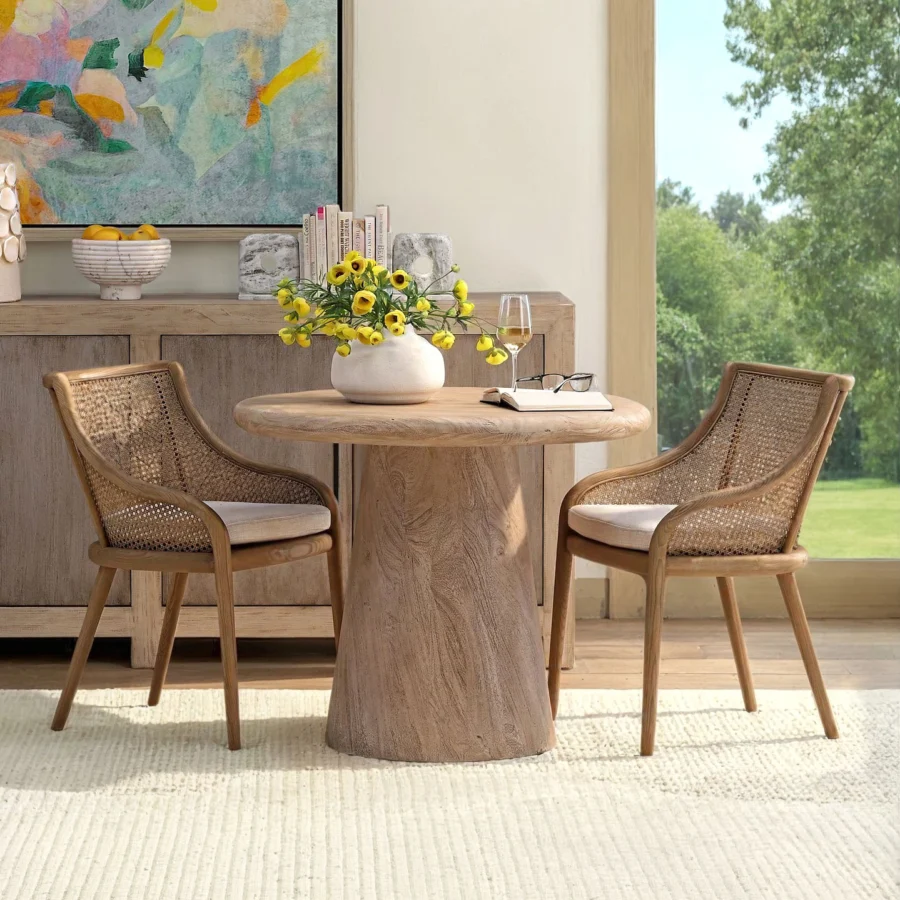 Armchair by Dovetail Arcata featuring ash wood frame matte finish rattan cane mesh back beige linen cushion