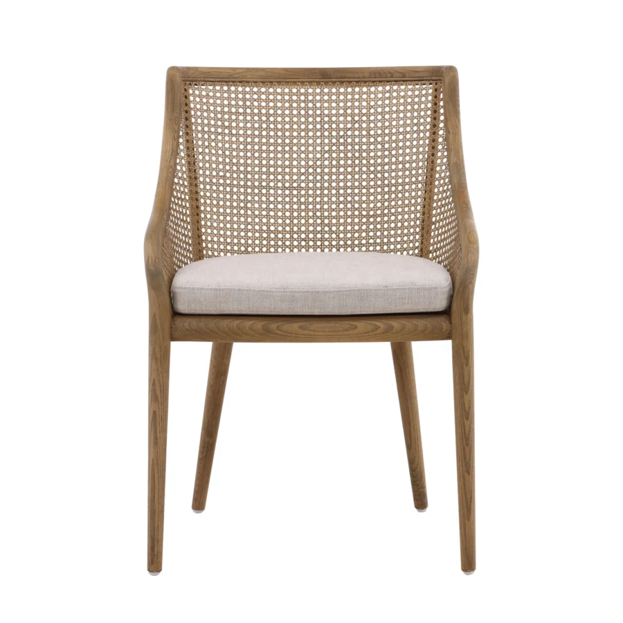 Armchair by Dovetail Arcata in medium brown ash wood with matte finish, woven rattan backrest and beige linen upholstered