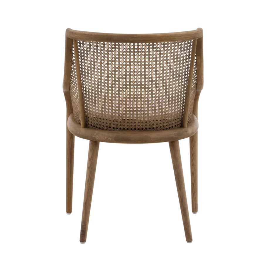 Armchair by Dovetail Arcata featuring medium brown ash wood with matte finish, woven cane backrest and dark cushion