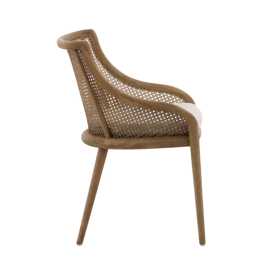 Armchair by Dovetail Arcata in medium brown ash wood with woven rattan panels plus beige linen upholstery on tapered legs