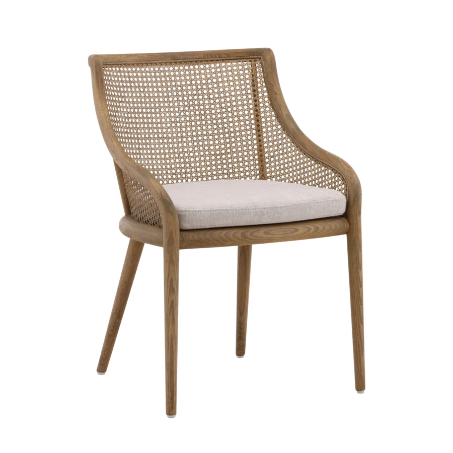 Armchair by Dovetail Arcata featuring medium brown ash wood, woven rattan panels, and beige linen upholstery on tapered legs