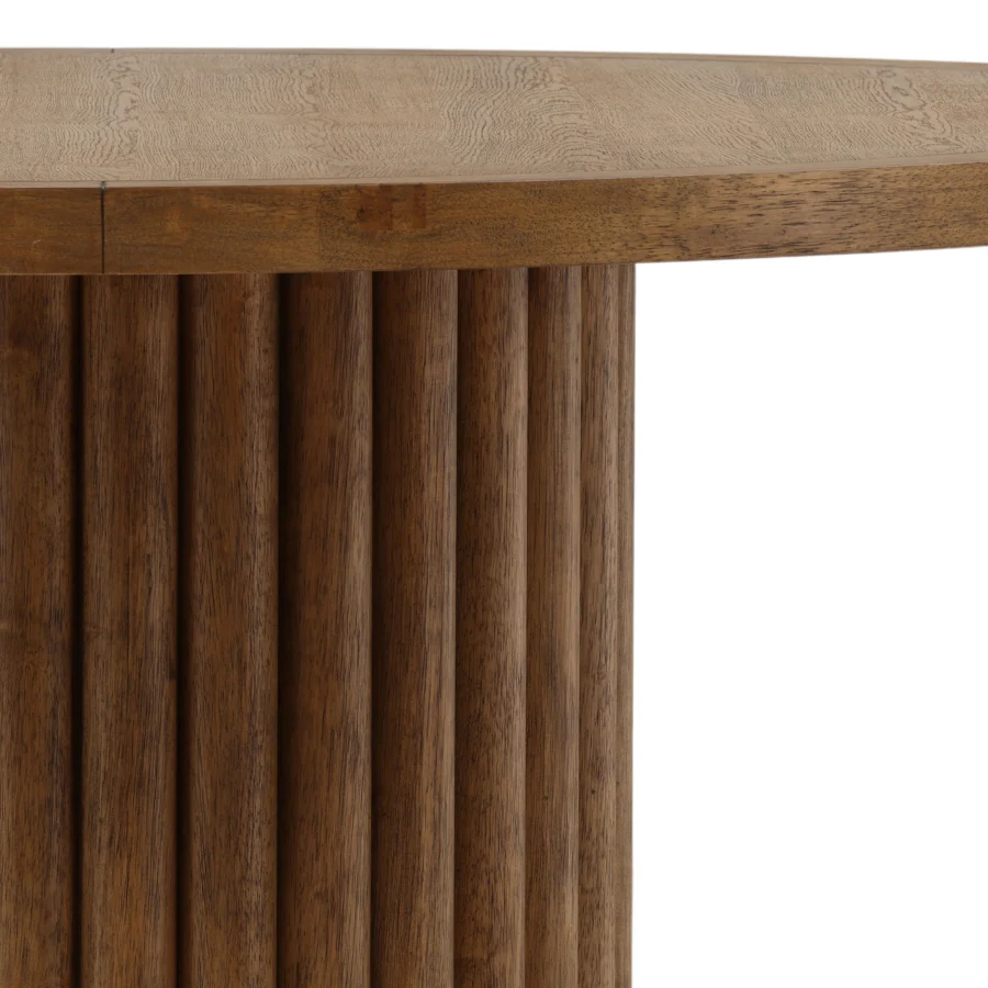 Dining table by Dovetail in rubber wood with oak veneer, featuring dark brown matte finish and fluted cylindrical base
