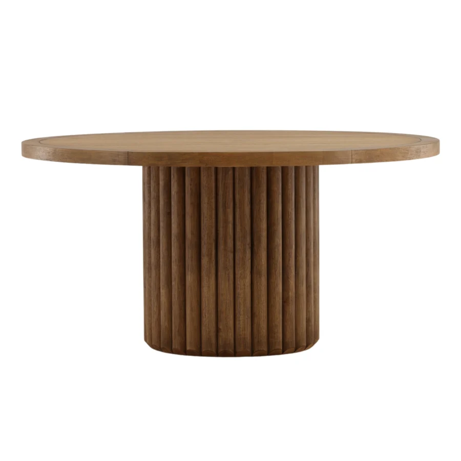 Dining table by Dovetail in rubber wood with oak veneer, warm dark brown finish, cylindrical pedestal base