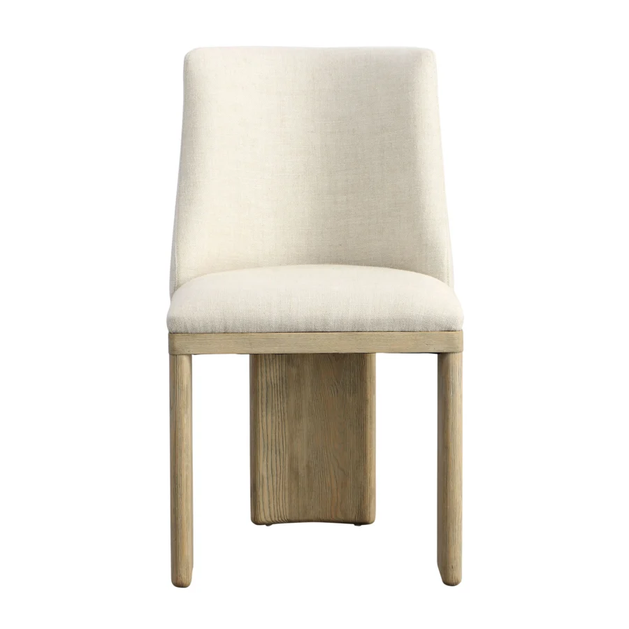 Dining chair by Dovetail in beige linen upholstery with light warm ash wood frame and a smooth matte finish geometry
