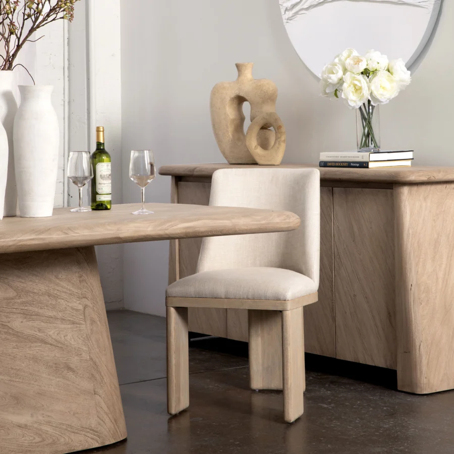 Dining chair by Dovetail featuring beige linen upholstery and light warm wash ash wood frame with straight backrest