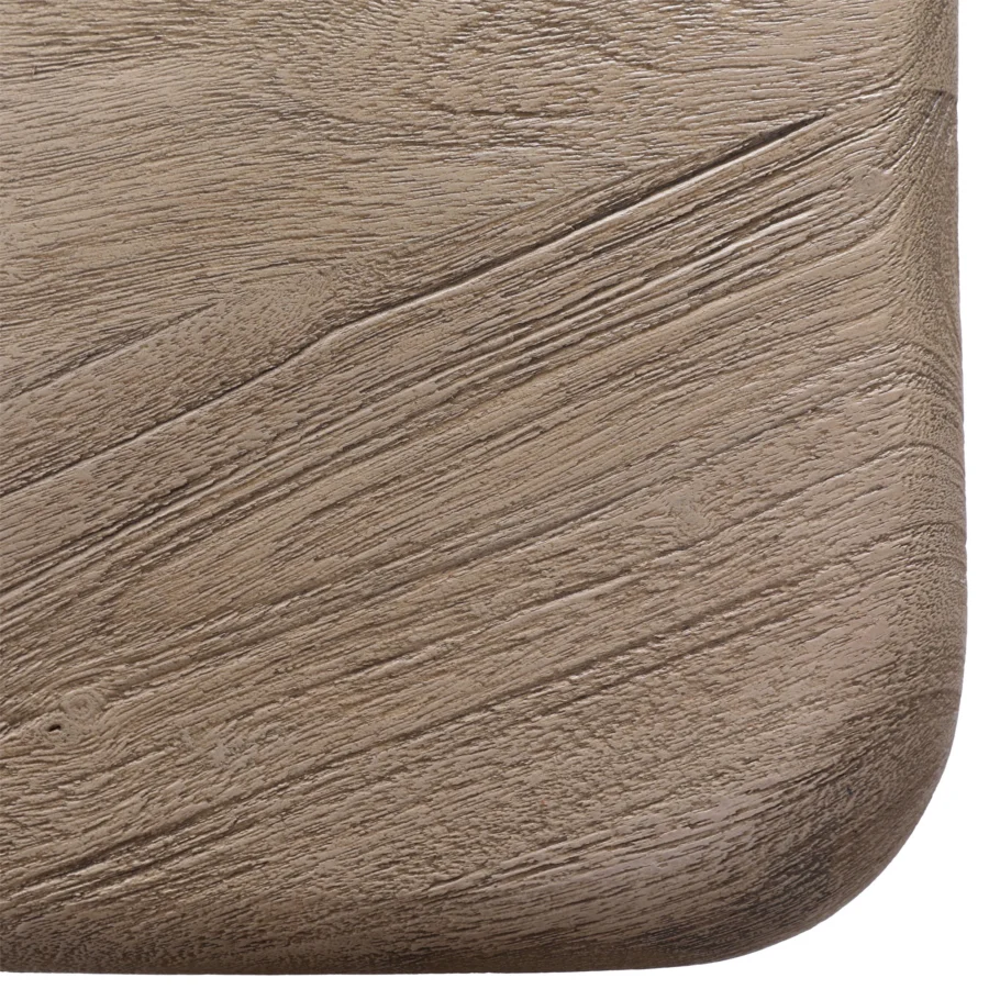 Dining table by Dovetail Marci in muted taupe solid acacia wood, built with wire brushed finish, rectangular top and rounded…