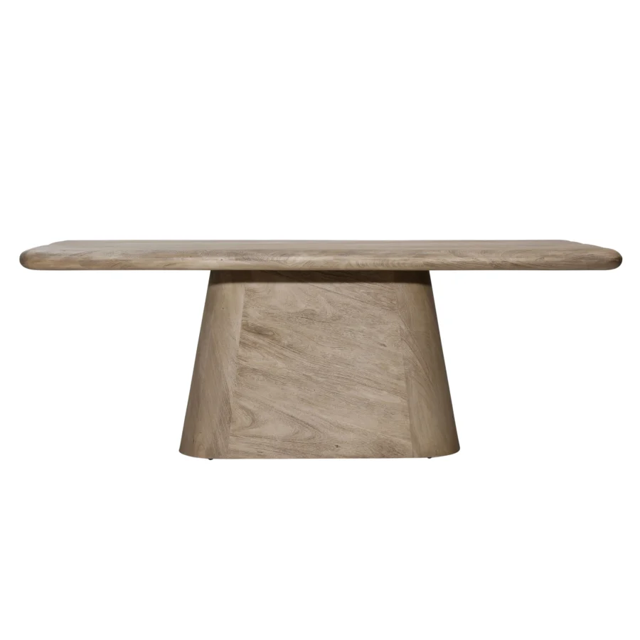 Dining table by Dovetail Marci in solid acacia wood with a weathered natural finish, light brown grain and greyish tones