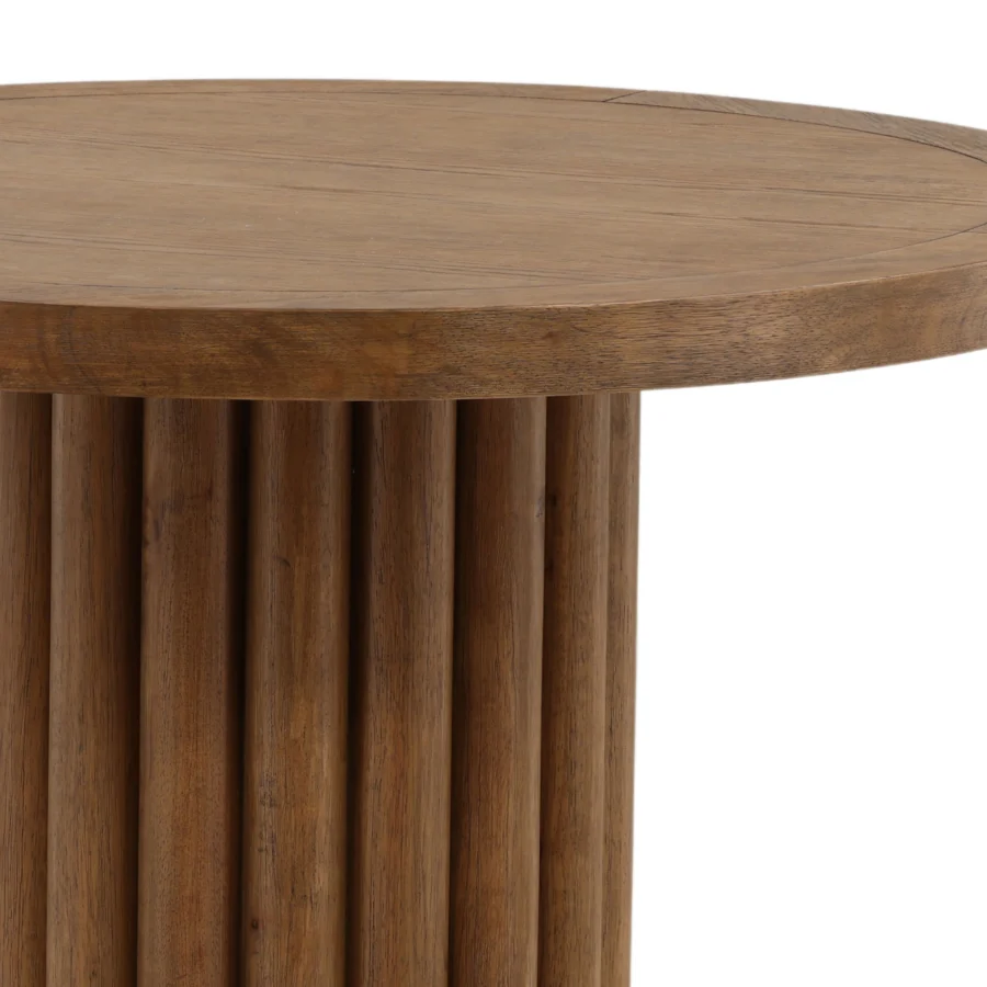 Bistrot table by Dovetail Henley in matte medium brown rubber wood and oak veneer with a thick fluted pedestal base…