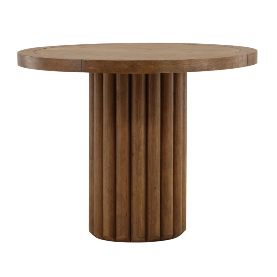 Bistrot table by Dovetail Henley in rubber wood and oak veneer with dark brown finish plus cylindrical fluted pedestal base