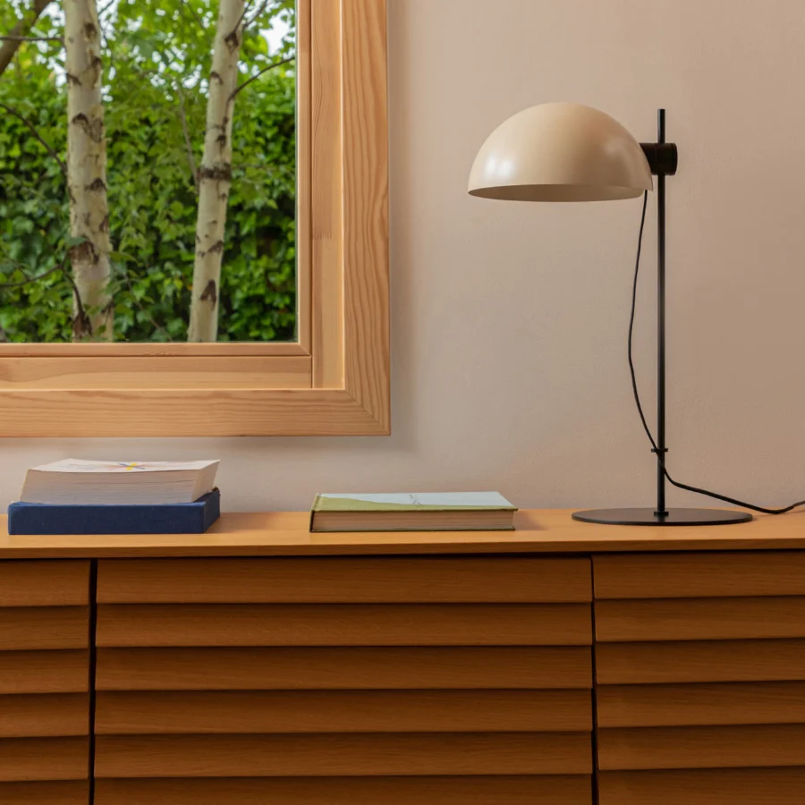 Table lamp by Faro Barcelona in steel with beige dome shade plus matte black stem and circular base including swivel…