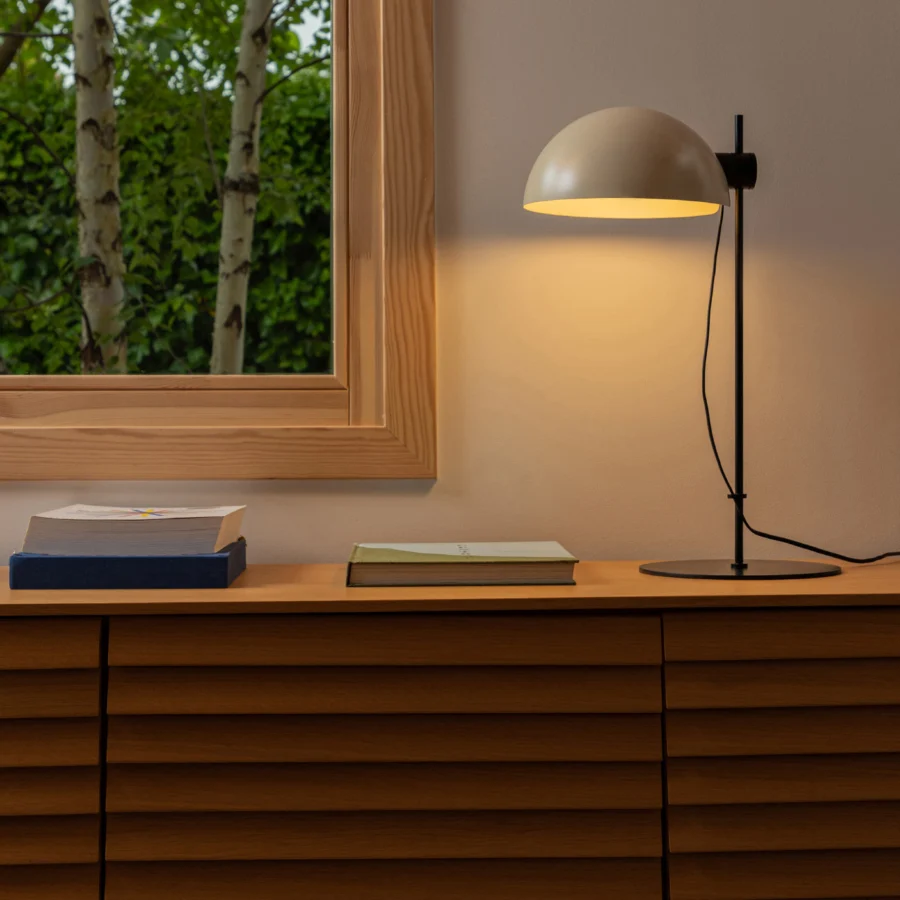 Table lamp by Faro Barcelona in steel, featuring a matte beige shade alongside a black stem and base