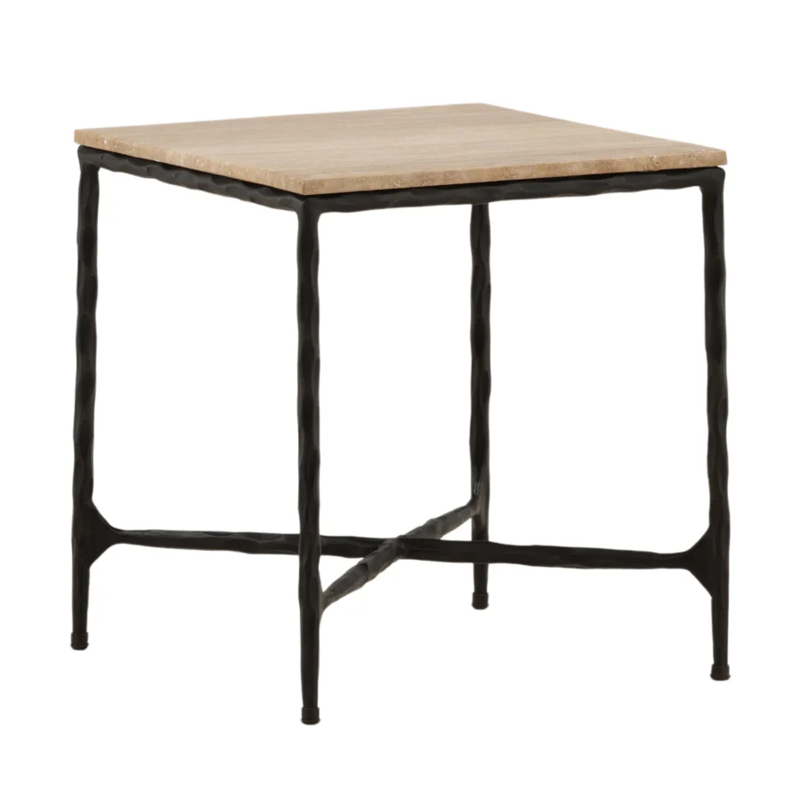 Side table by Dovetail Lewelyn with natural travertine top in matte finish and black iron base having textured surface