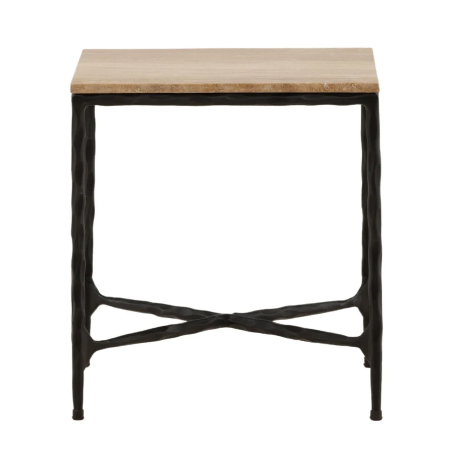 Side table by Dovetail Lewelyn with natural travertine top, black iron base, hammered metal frame, geometric cross support