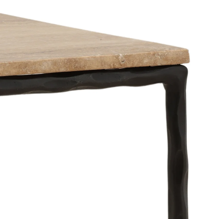 Side table by Dovetail featuring a natural travertine top in beige and tan with a black iron base