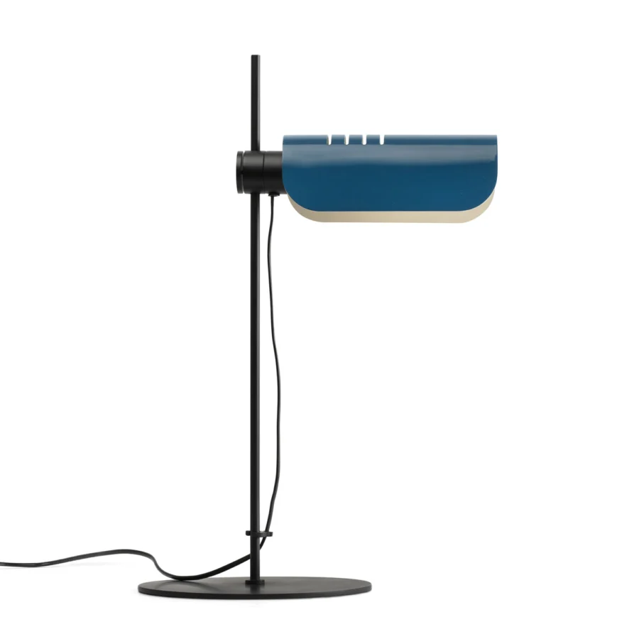 Table lamp by Faro Barcelona, Martinica model, in metal with matte black base and dark blue glossy slatted rotating shade