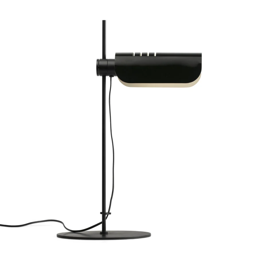 Table lamp by Faro Barcelona in matte black metal with off-white interior shade and adjustable cylindrical light source