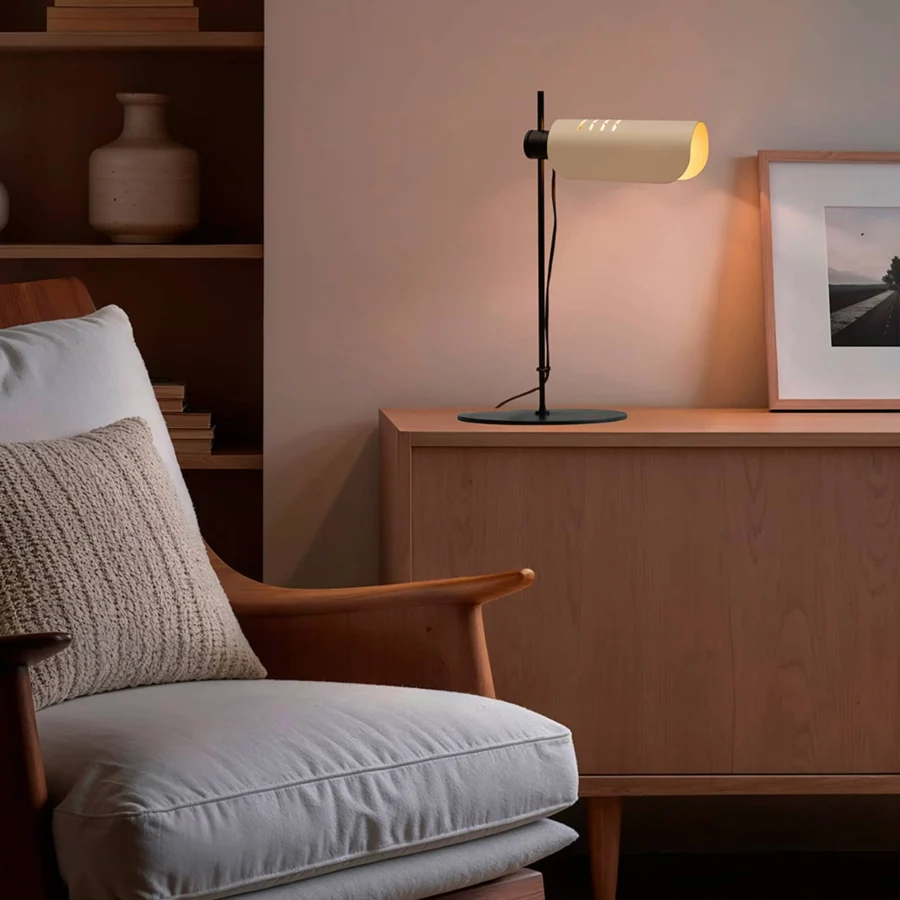 Table lamp by Faro Barcelona in matte black metal with an off-white cylindrical shade, circular base and rectangular vents