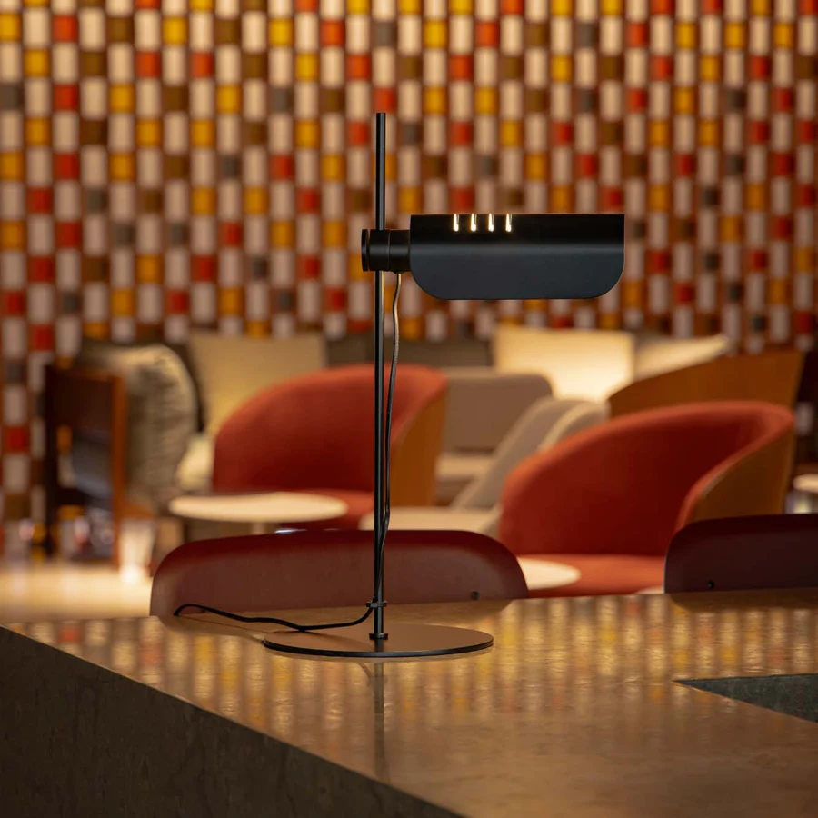 Lamp by Faro Barcelona in metal with a matte black finish, featuring a slim vertical stem and rectangular shade