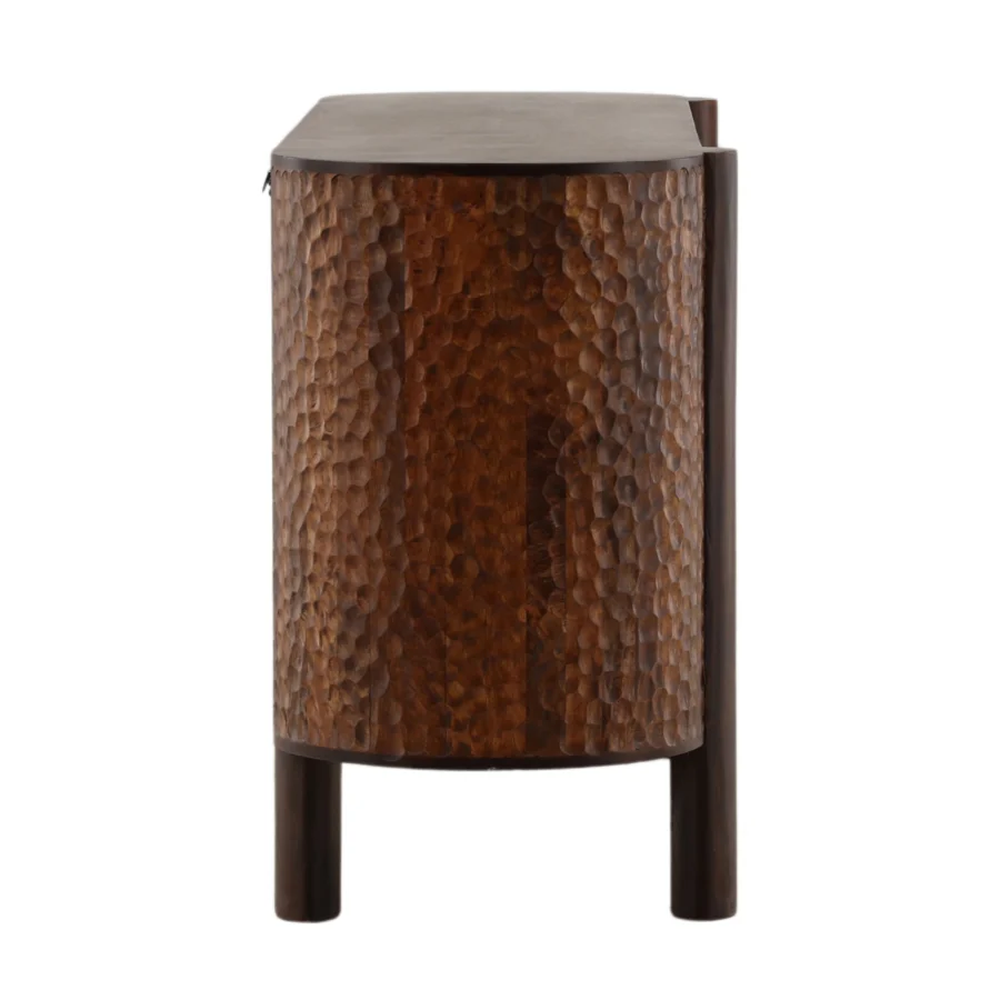 Sideboard by Dovetail Alvoro crafted from mango wood in brown finish with chiseled pattern panels and cylindrical legs