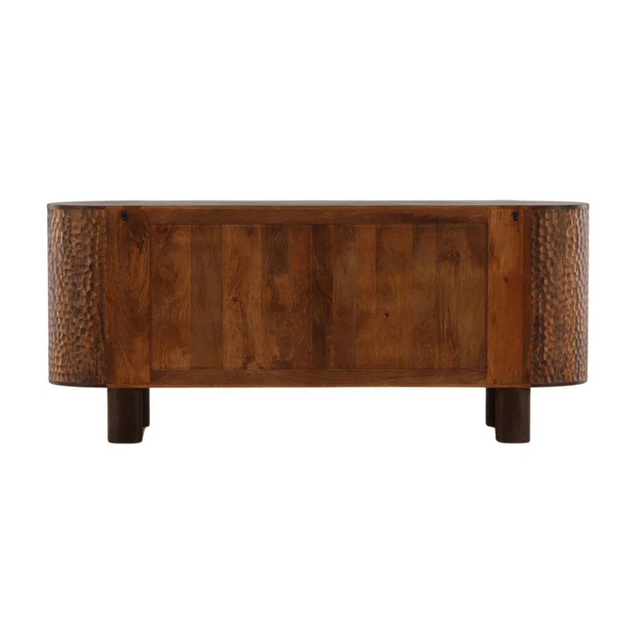 Sideboard by Dovetail Alvoro in mango wood with brown finish, rectangular body, rounded panels and four cylindrical legs