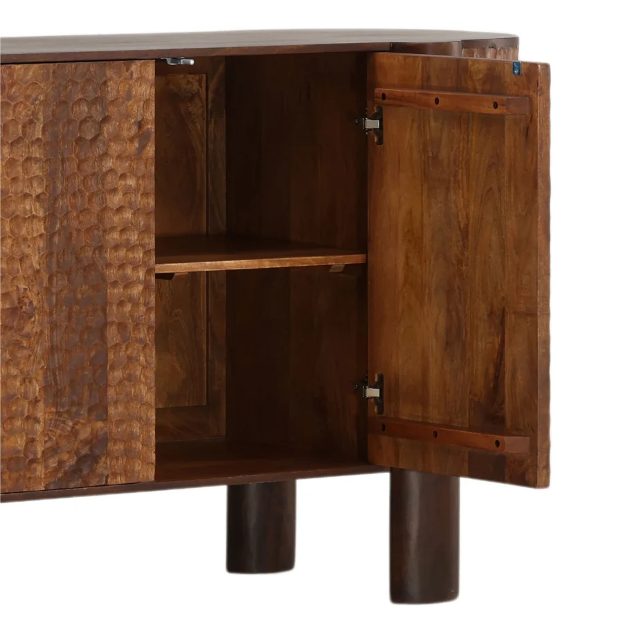 Sideboard by Dovetail in mango wood with brown finish, featuring three doors and honeycomb pattern exterior panels