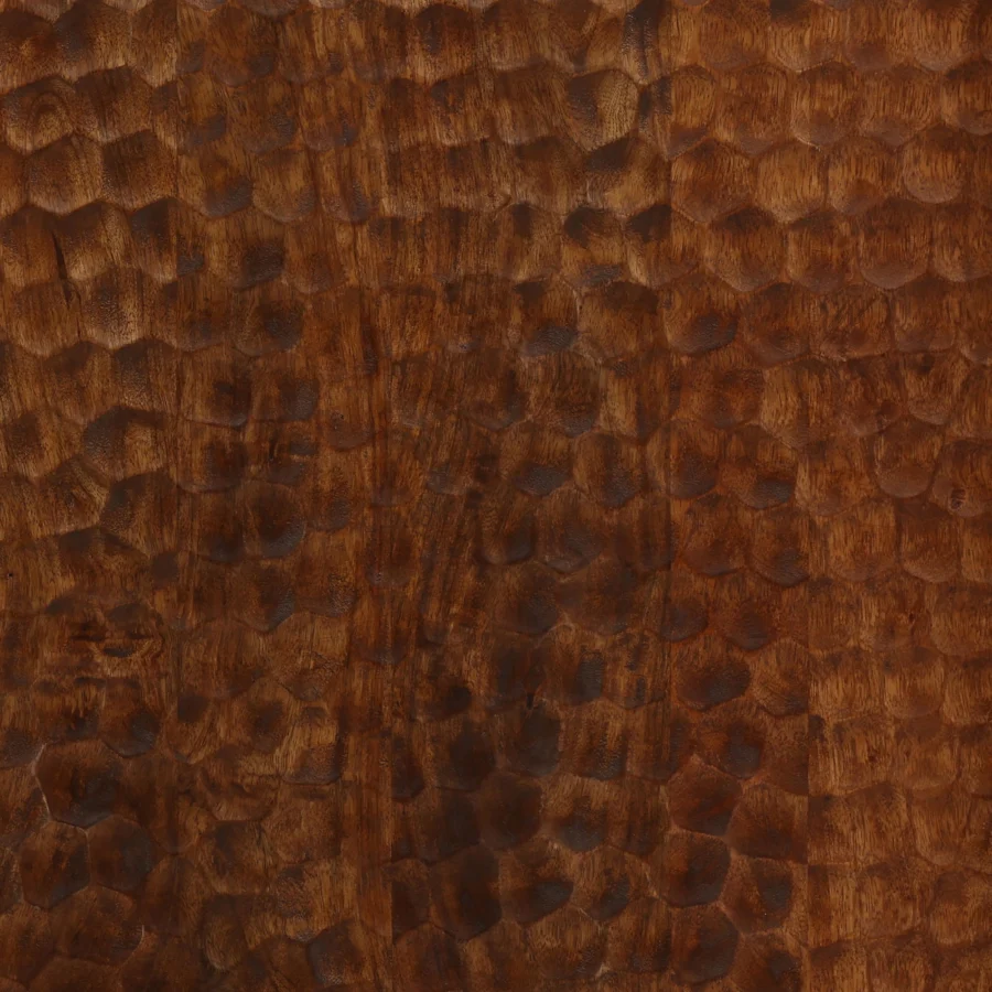 Sideboard by Dovetail Alvoro in mango wood with brown finish, displaying shallow honeycomb carvings highlighting natural grain variations