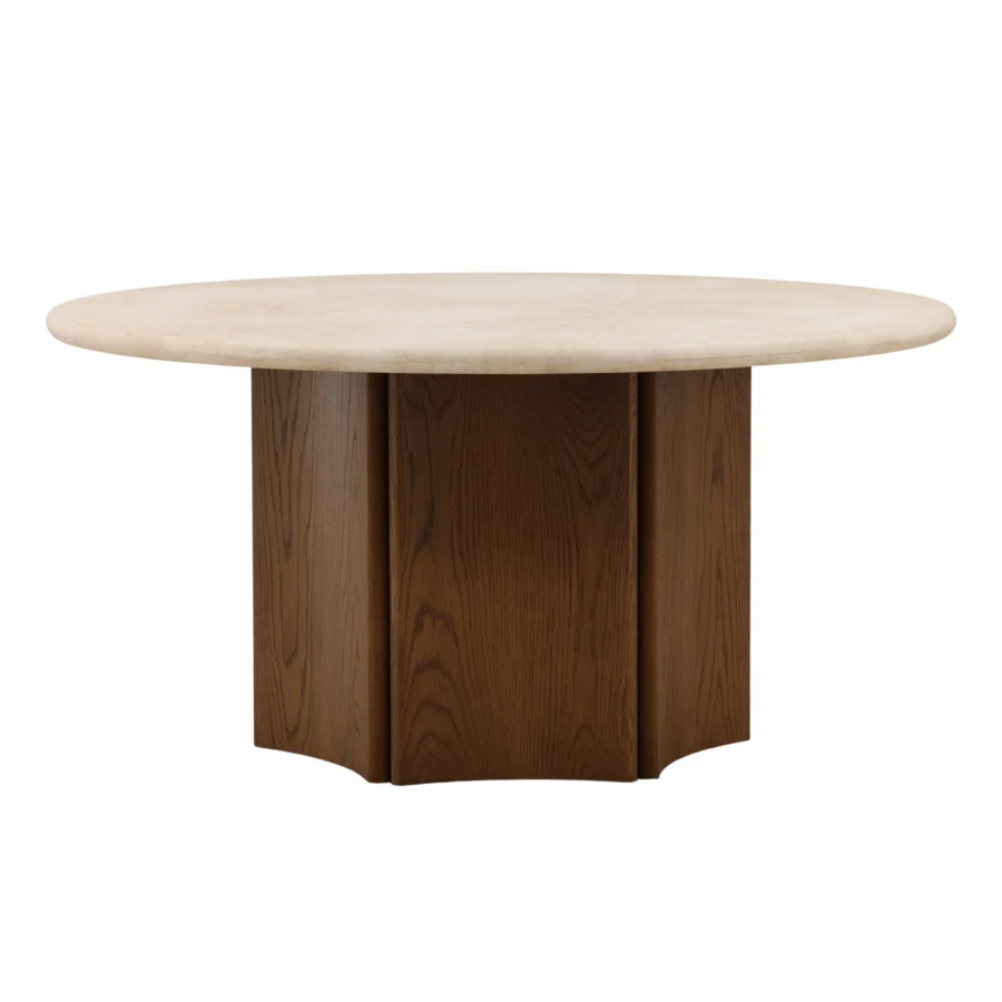 Dining table by Dovetail Oja in cream marble and brown oak with a sculptural pedestal base featuring vertical wood panels