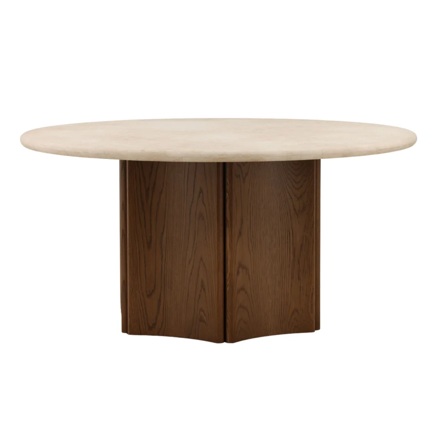 Dining table by Dovetail Oja in cream marble with brown oak wood pedestal base displaying a faceted, satin grain pattern