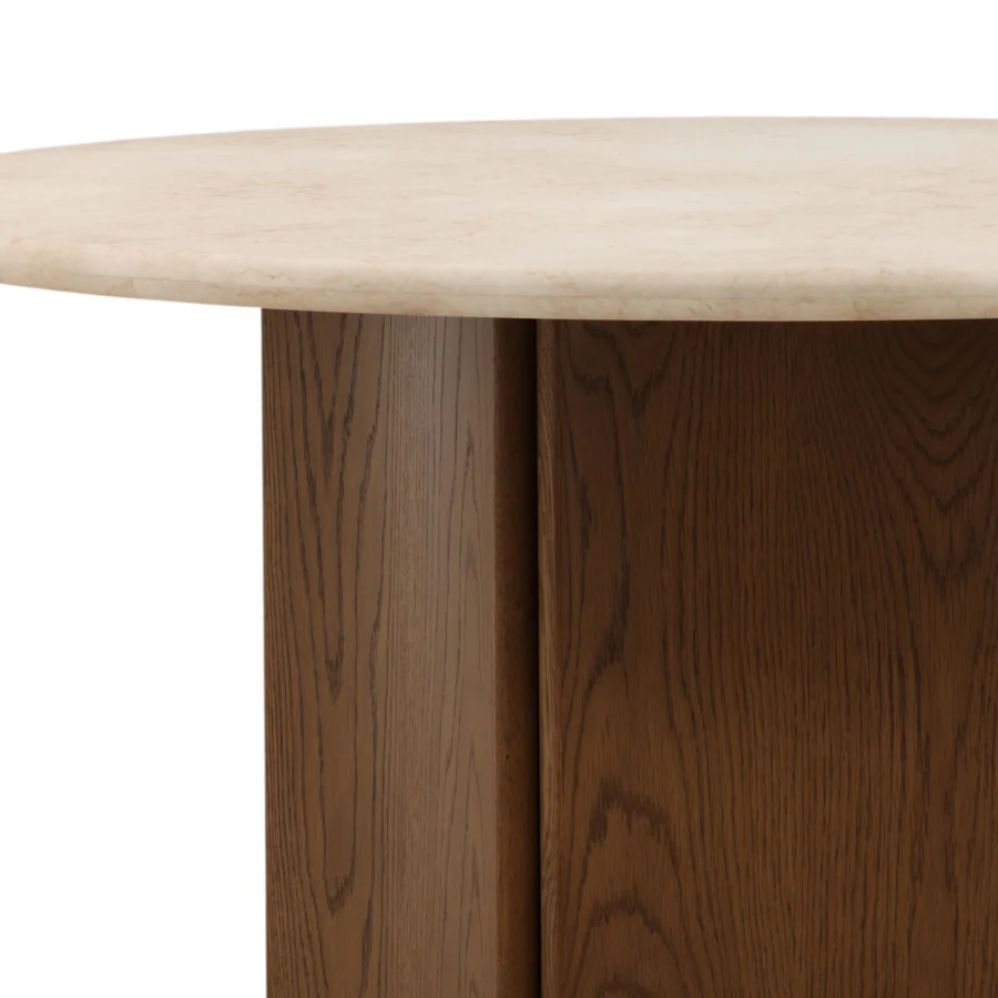 Round dining table by Dovetail Oja featuring cream marble top and brown oak wood veneer segmented pedestal base