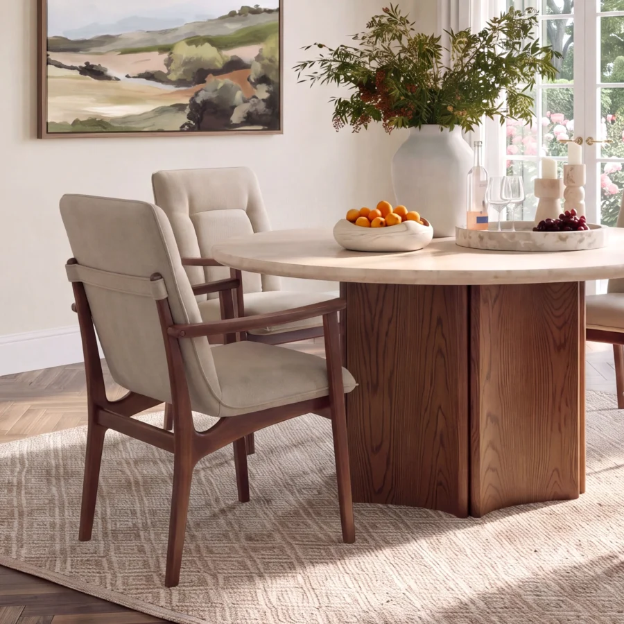 Dining table by Dovetail Oja in cream marble top and brown oak wood veneer pedestal base featuring vertical grain satin…