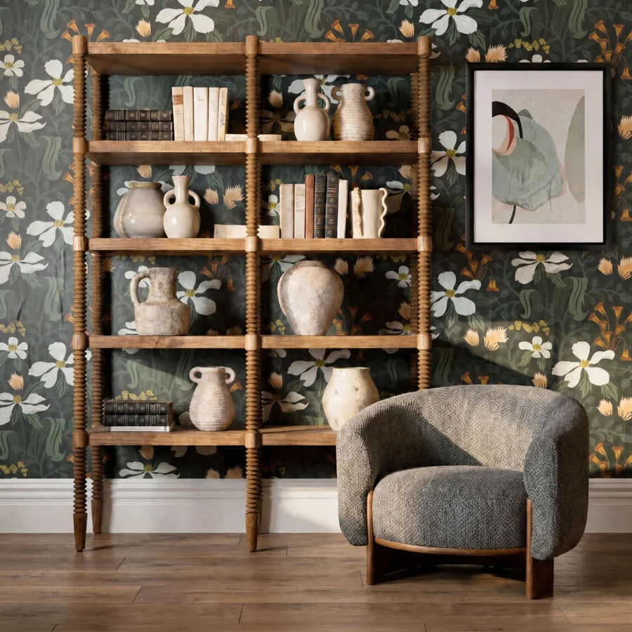 Bookcase by Dovetail Fernandez in brown Mindi wood and veneer with rectilinear silhouette plus bobbin turned columns