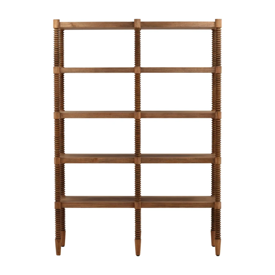 Bookcase by Dovetail Fernandez in brown Mindi wood and veneer with a satin finish plus spiral carved bobbin columns