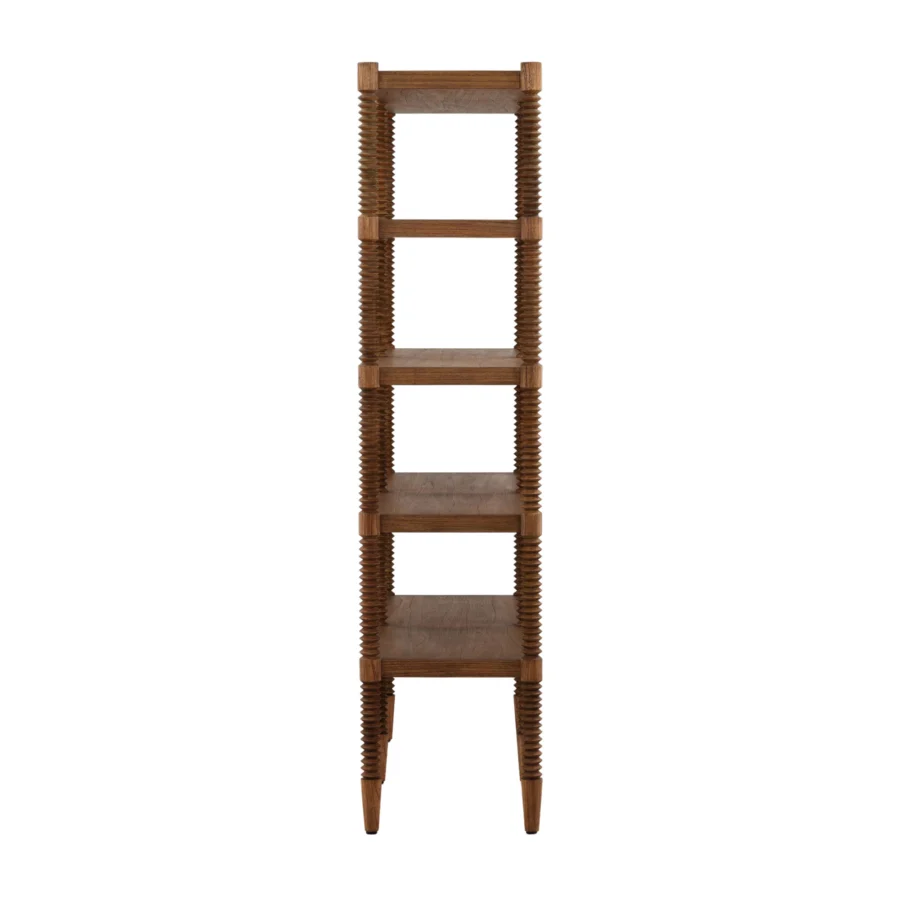 Bookcase by Dovetail Fernandez in brown Mindi wood and veneer with rich finish, bobbin turned columns and open shelves