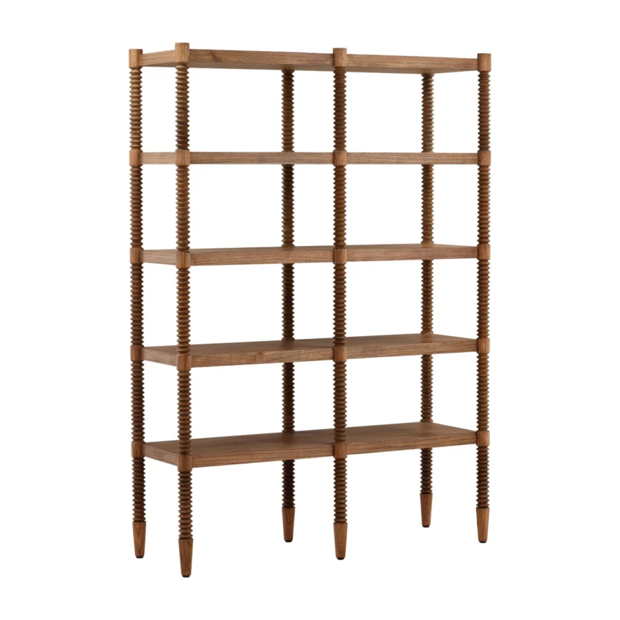 Bookcase by Dovetail Fernandez, crafted from Mindi wood and veneer featuring a rich brown finish and spiral columns