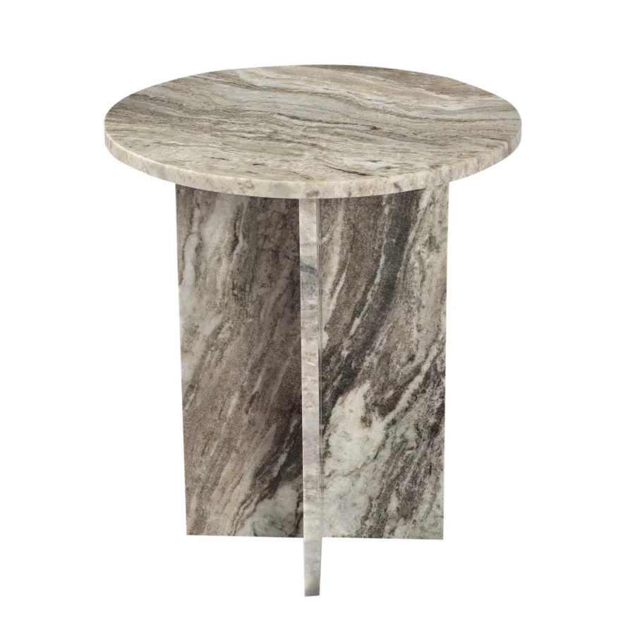 Side table by Dovetail Peter with circular marble top and intersecting stone slab base in polished grey beige brown tones