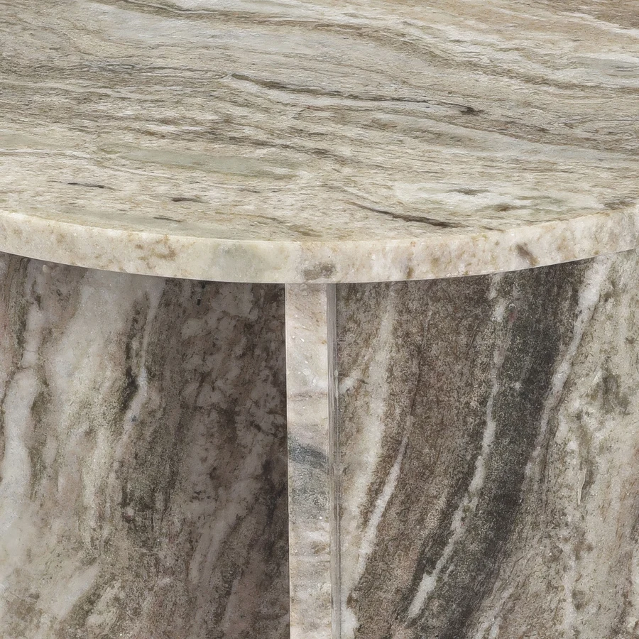 Side table by Dovetail Peter featuring a circular marble top, polished finish, organic veining, cylindrical base