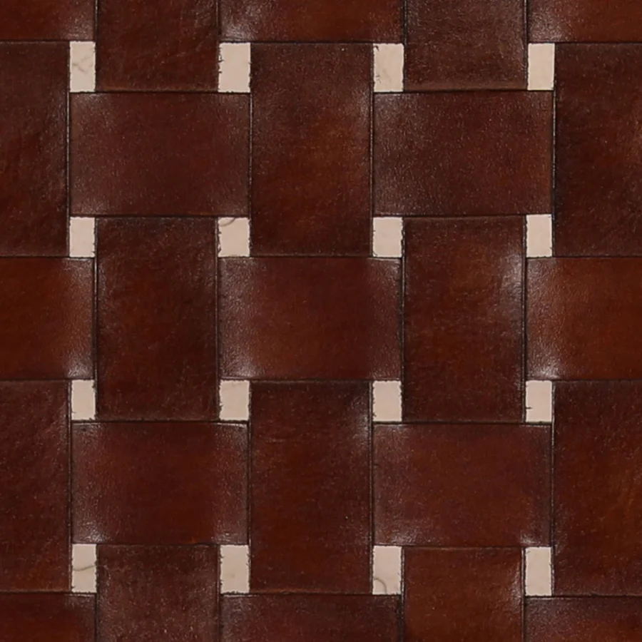 Dining chair by Dovetail featuring a teak wood frame holding a deep brown woven leather seat and back