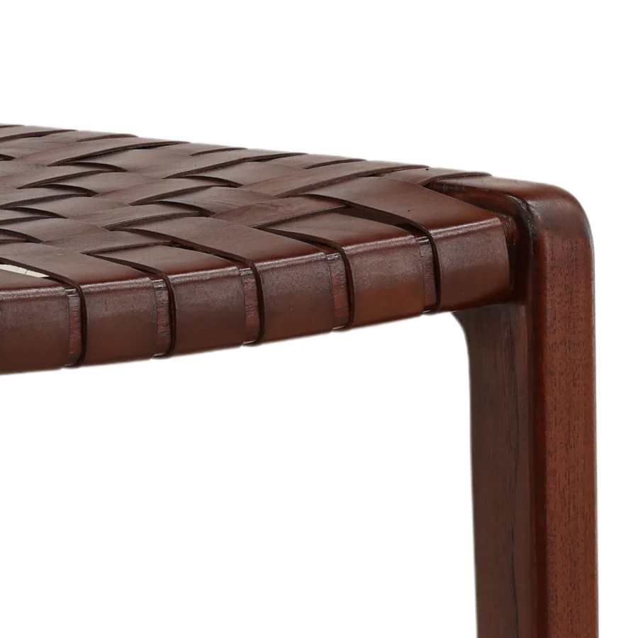 Dining chair by Dovetail in teak wood with satin finish, showcasing dark brown woven leather seat and geometric silhouette