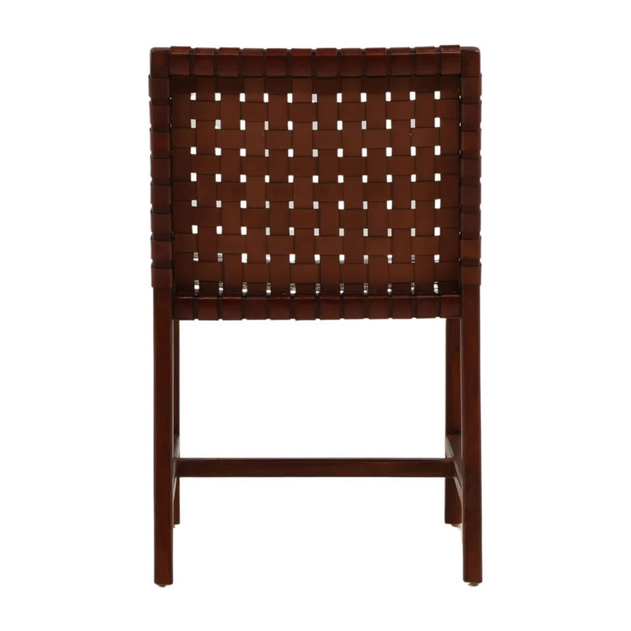 Dining chair by Dovetail Benson in dark brown solid teak wood with an interlaced woven leather seat and back