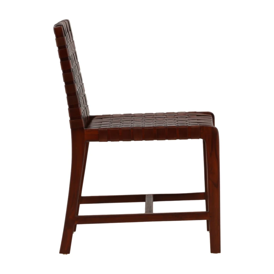 Dining chair by Dovetail Benson in dark brown teak wood with satin finish and interlaced leather woven seat and backrest